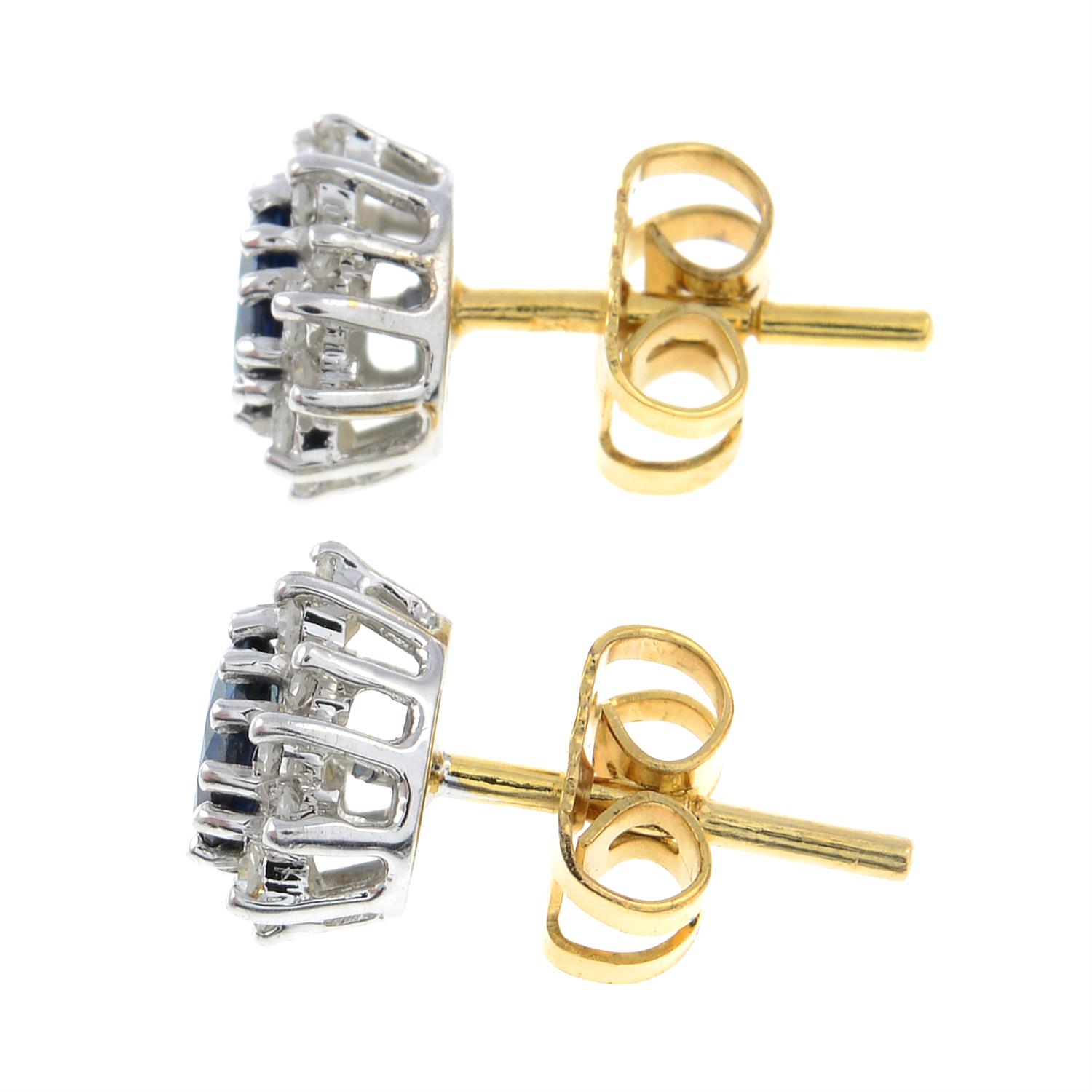 A pair of 9ct gold sapphire and single-cut diamond cluster earrings. - Image 2 of 2