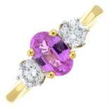 An 18ct gold pink sapphire and brilliant-cut diamond three-stone ring.