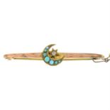 An early 20th century 9ct gold turquoise and diamond crescent moon bar brooch.