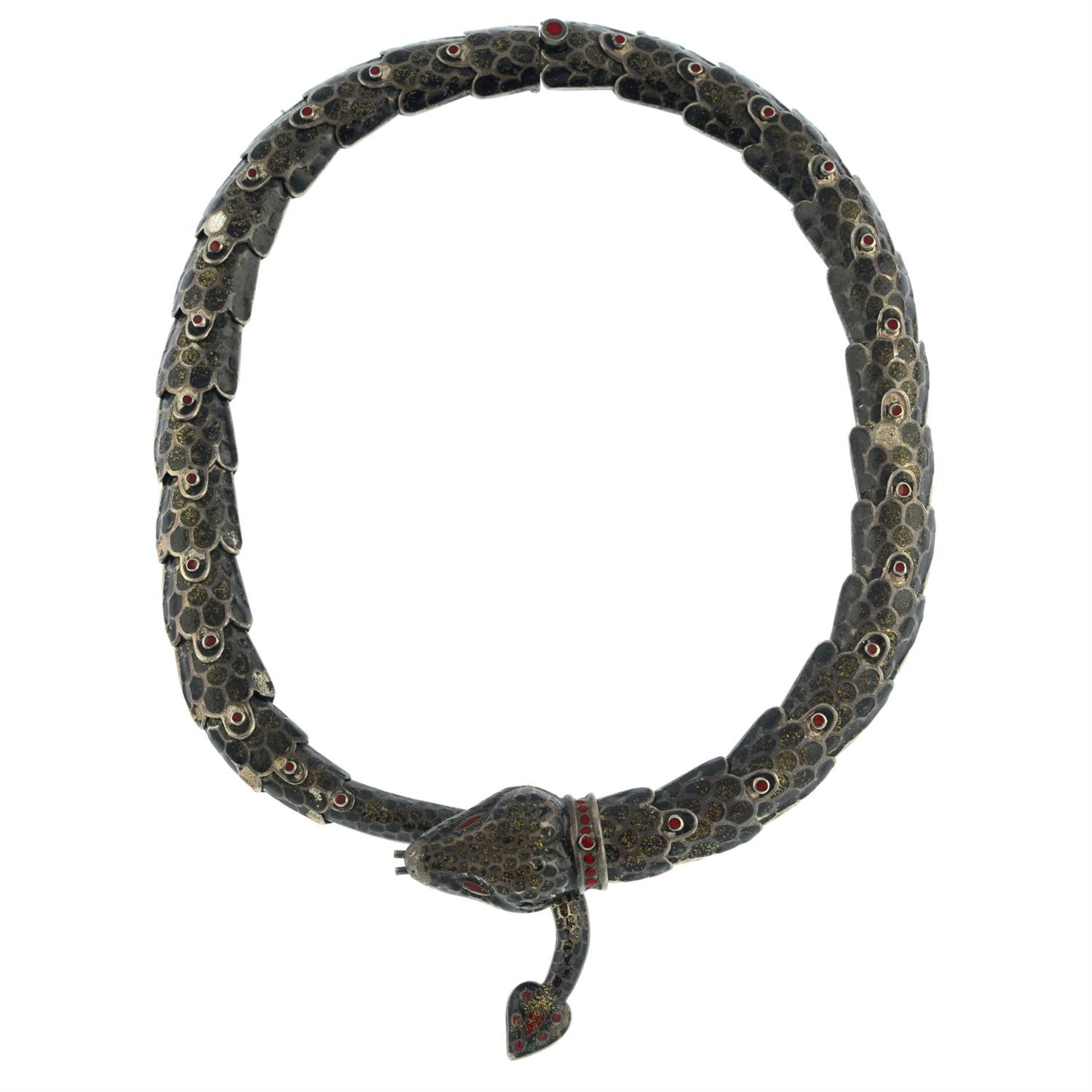 A mid 20th century Taxco Mexican silver enamel articulated snake necklace, by Melesio Rodriguez. - Image 2 of 3