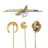 A selection of seven late Victorian to early 20th century gold stickpins, together with a gem-set