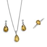 A selection of 9ct gold citrine jewellery, to include a pendant, with chain, a ring and a pair of
