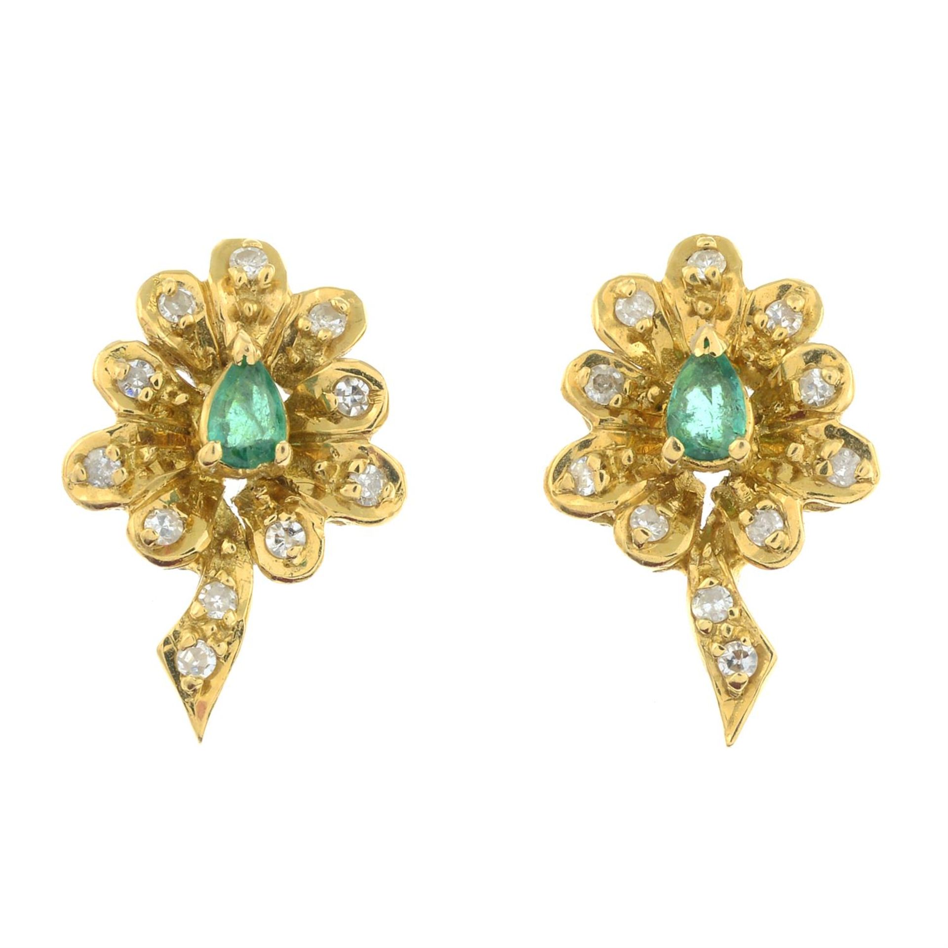 A pair of emerald and single-cut diamond earrings.