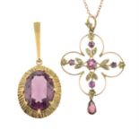 An early 20th century garnet and split pearl pendant, with chain, and a 9ct gold amethyst pendant.