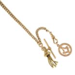 An early 20th century 9ct gold Albert chain, suspending a T-bar, tassel and Masonic medallion fob.