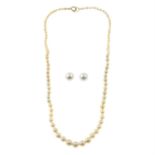 A graduated cultured pearl single-strand necklace and a pair of cultured pearl earrings.