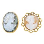 A 9ct gold shell cameo brooch and a 9ct gold mother-of-pearl cameo brooch.