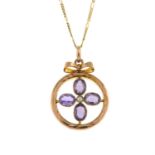 An amethyst and split pearl pendant, with 9ct gold chain.