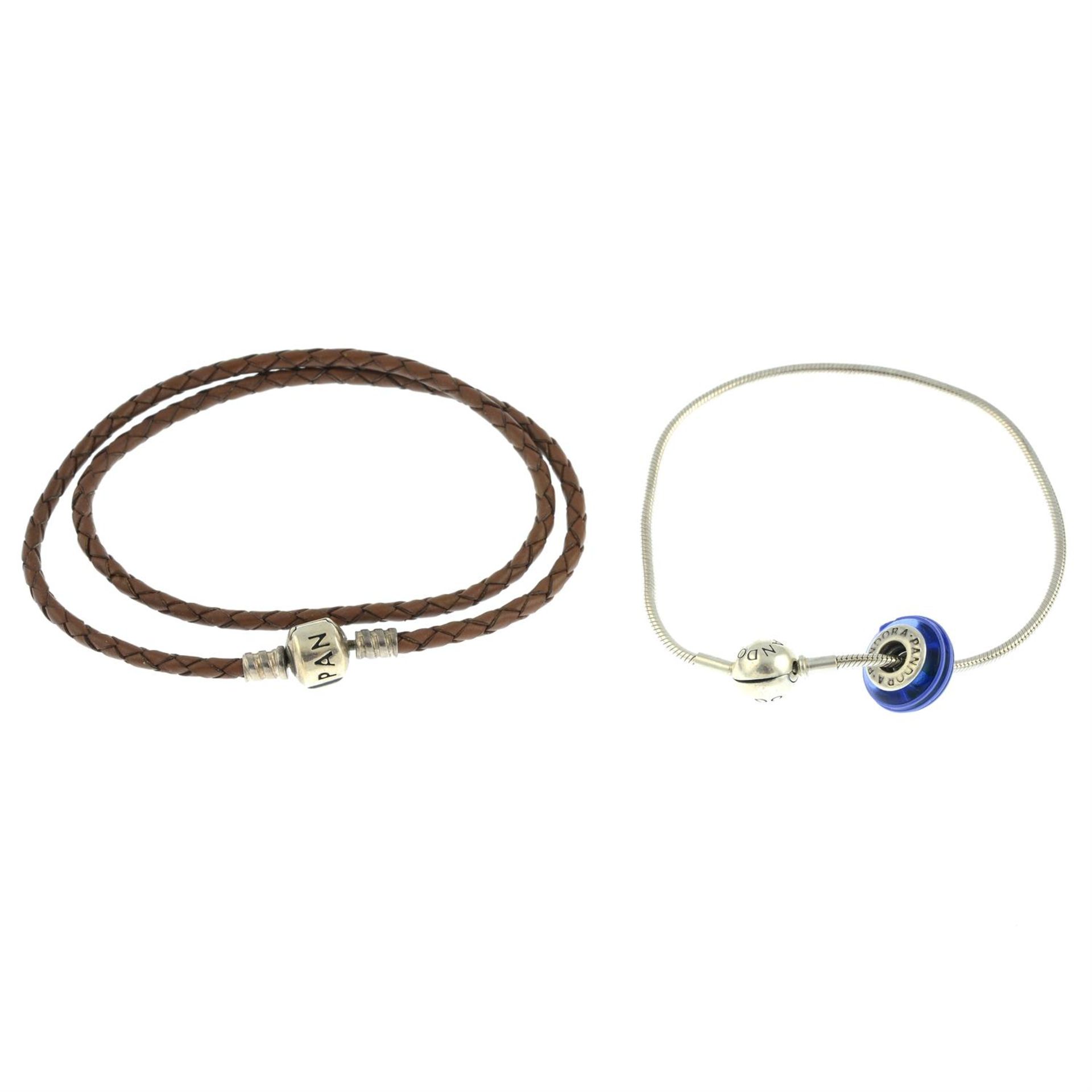 A bangle charm bracelet, a woven leather charm bracelet and a snake-chain charm bracelet with one - Image 3 of 3