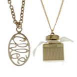 A perfume bottle necklace and a further necklace, by Chloé.