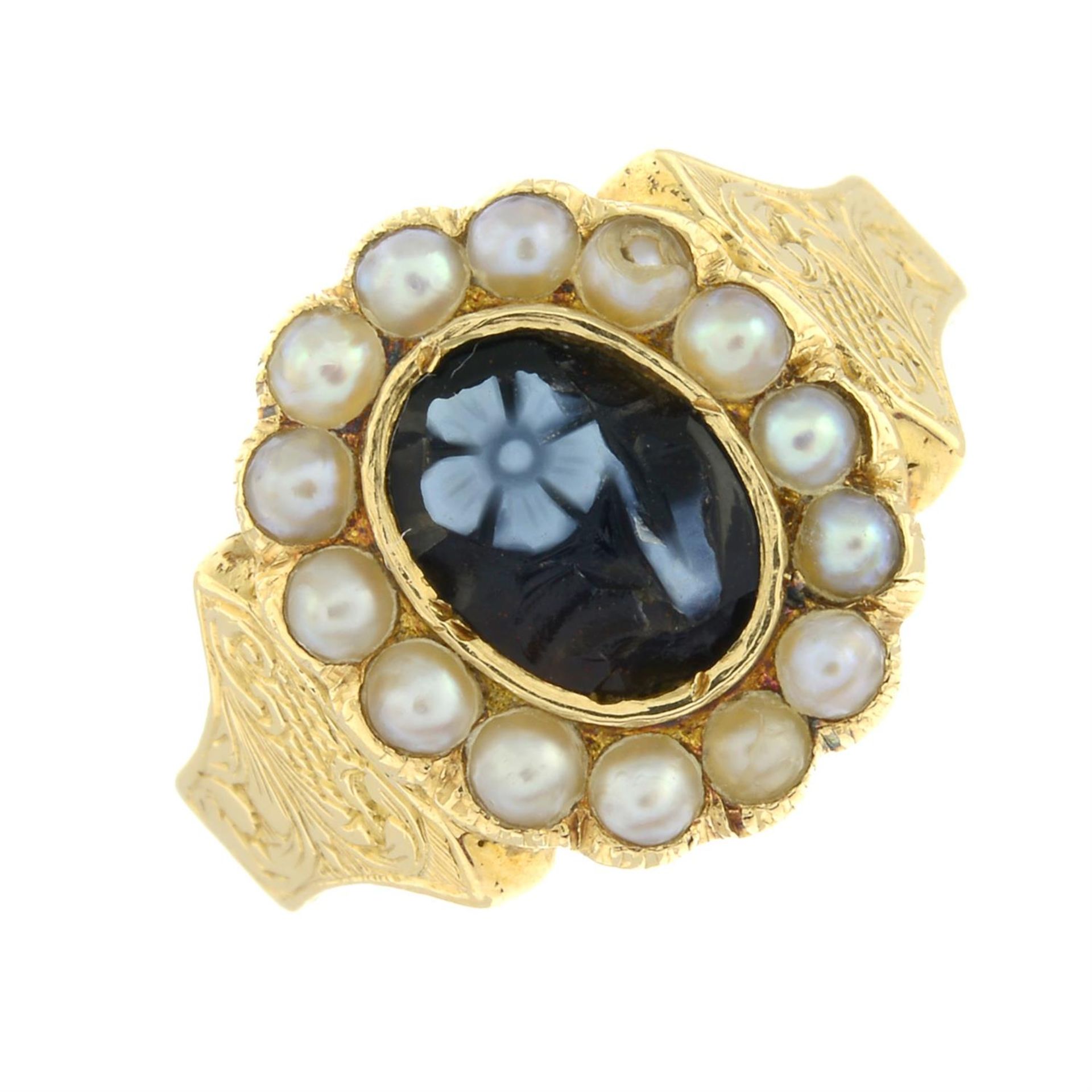 An early Victorian 18ct gold sardonyx floral cameo and split pearl cluster mourning ring.