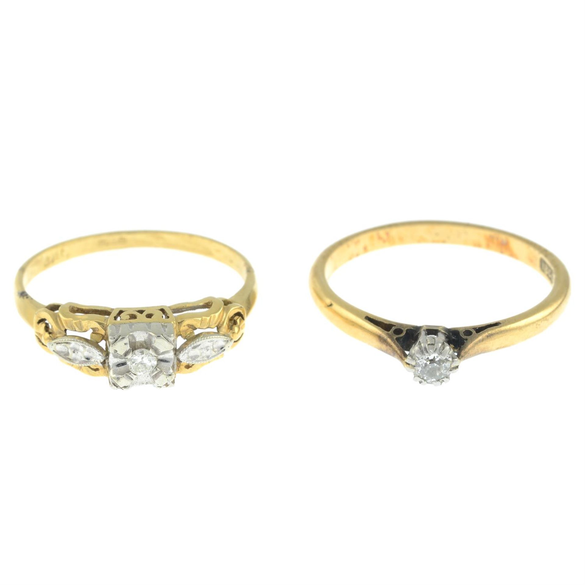 A mid 20th century 18ct gold and platinum old-cut diamond single-stone ring and an 18ct gold