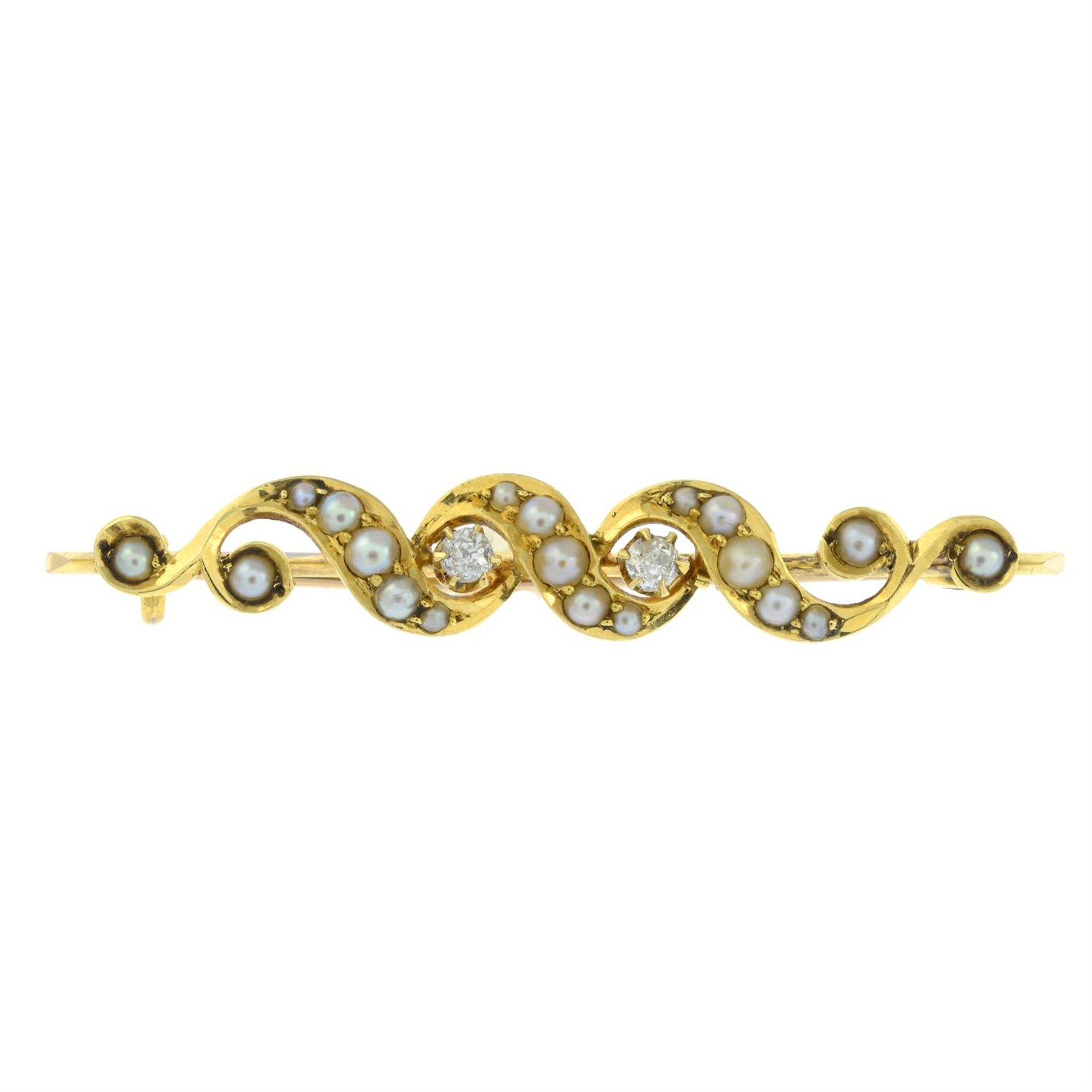 An early 20th century gold split pearl and old-cut diamond bar brooch.