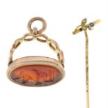 A 19th century gold carnelian fob seal and an early 20th century 9ct gold sapphire and split pearl