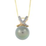 A 9ct gold Tahitian cultured pearl and diamond pendant, with chain.