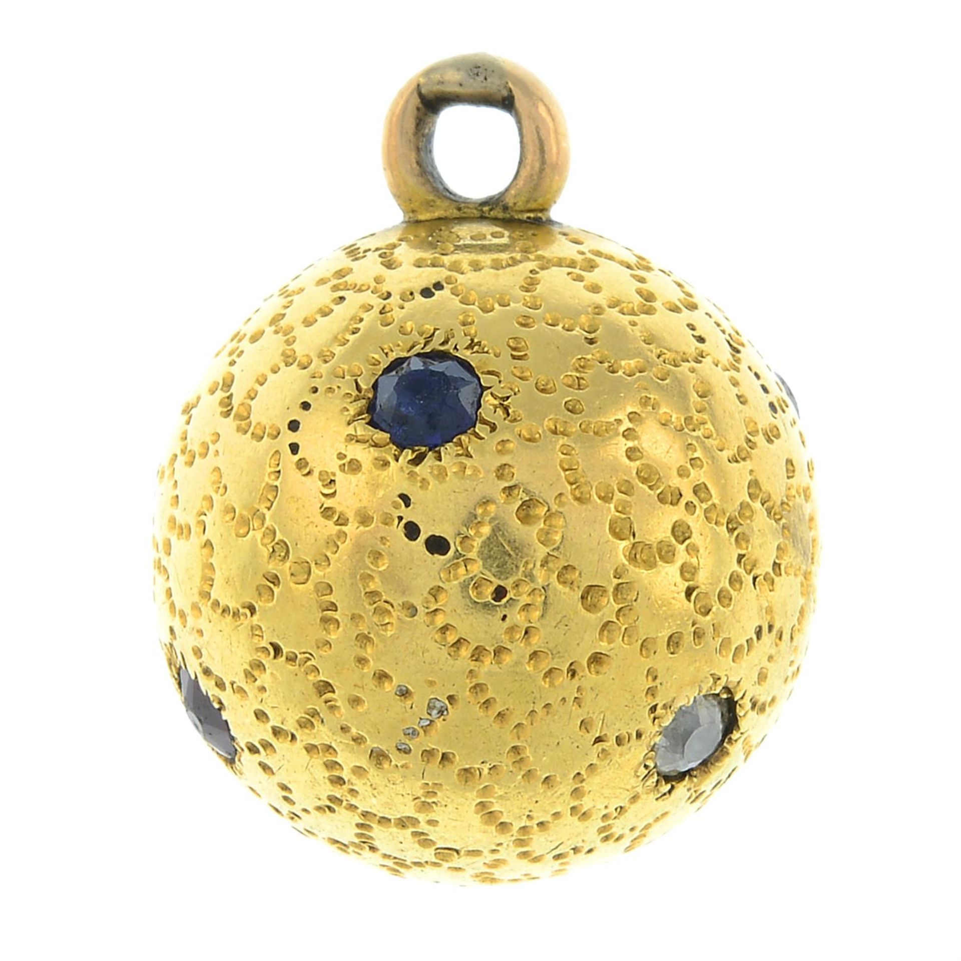 A late Victorian gold diamond, sapphire and ruby spherical pendant. - Image 2 of 2