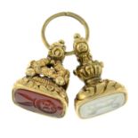 Two 19ct century gem-set intaglio fobs, suspended from a split ring.