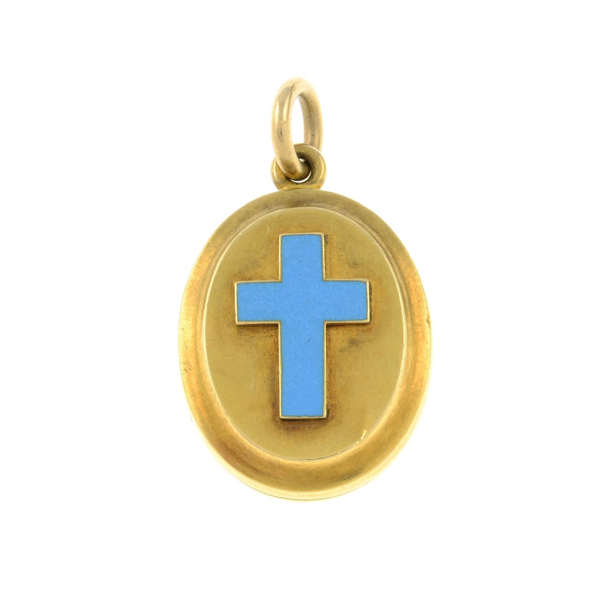 A mid Victorian 18ct gold locket pendant, with blue enamel cross.