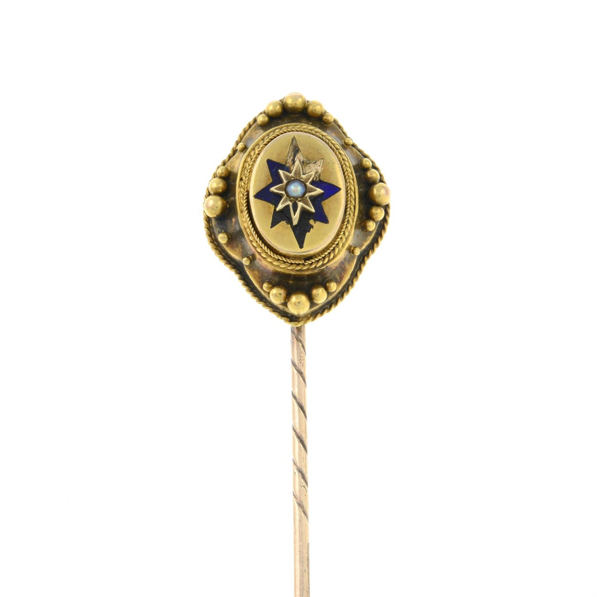 A late Victorian gold enamel and split pearl star stickpin.