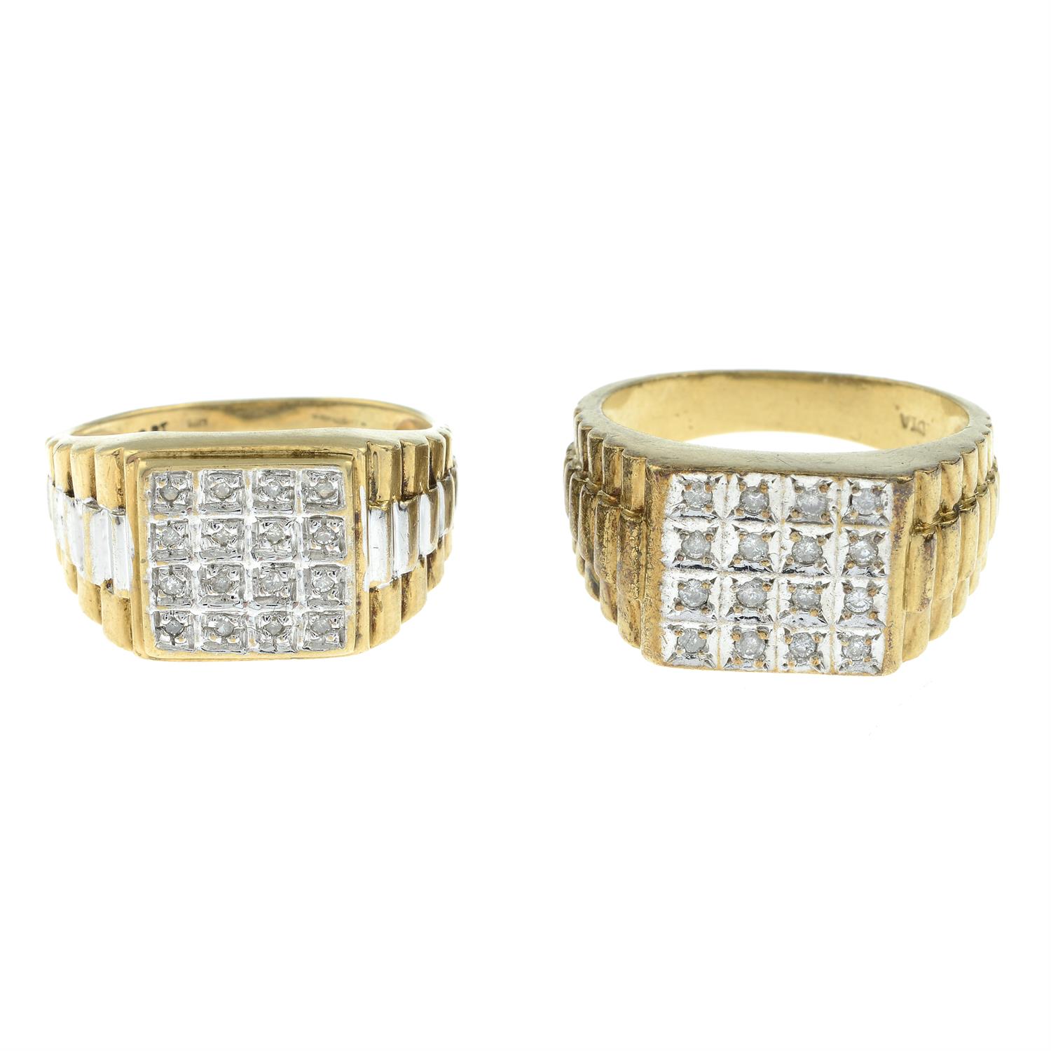 Two Gentleman's 9ct gold diamond rings.