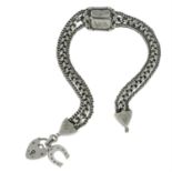 A late 19th century silver sliding fob chain, with horse shoe and heart-shape padlock charms.