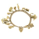 A mid 20tth century charm bracelet, with heart-shape clasp, suspending fifteen charms.