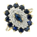 A 9ct gold sapphire and diamond cluster ring.