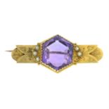 An early 20th century gold amethyst and split pearl brooch. AF.