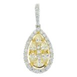 A 'yellow' vari-cut diamond pendant, with brilliant-cut diamond surround.