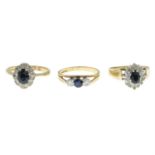 Three 9ct gold sapphire and diamond rings.