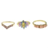 Three 9ct gold gem-set rings.