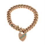 An early 20th century 9ct gold bracelet with turquoise and split pearl heart padlock.