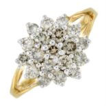 A brilliant-cut diamond cluster ring.