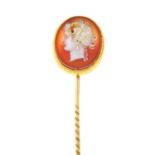 A late Victorian gold agate cameo stickpin.