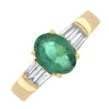 An emerald and baguette-cut diamond dress ring.
