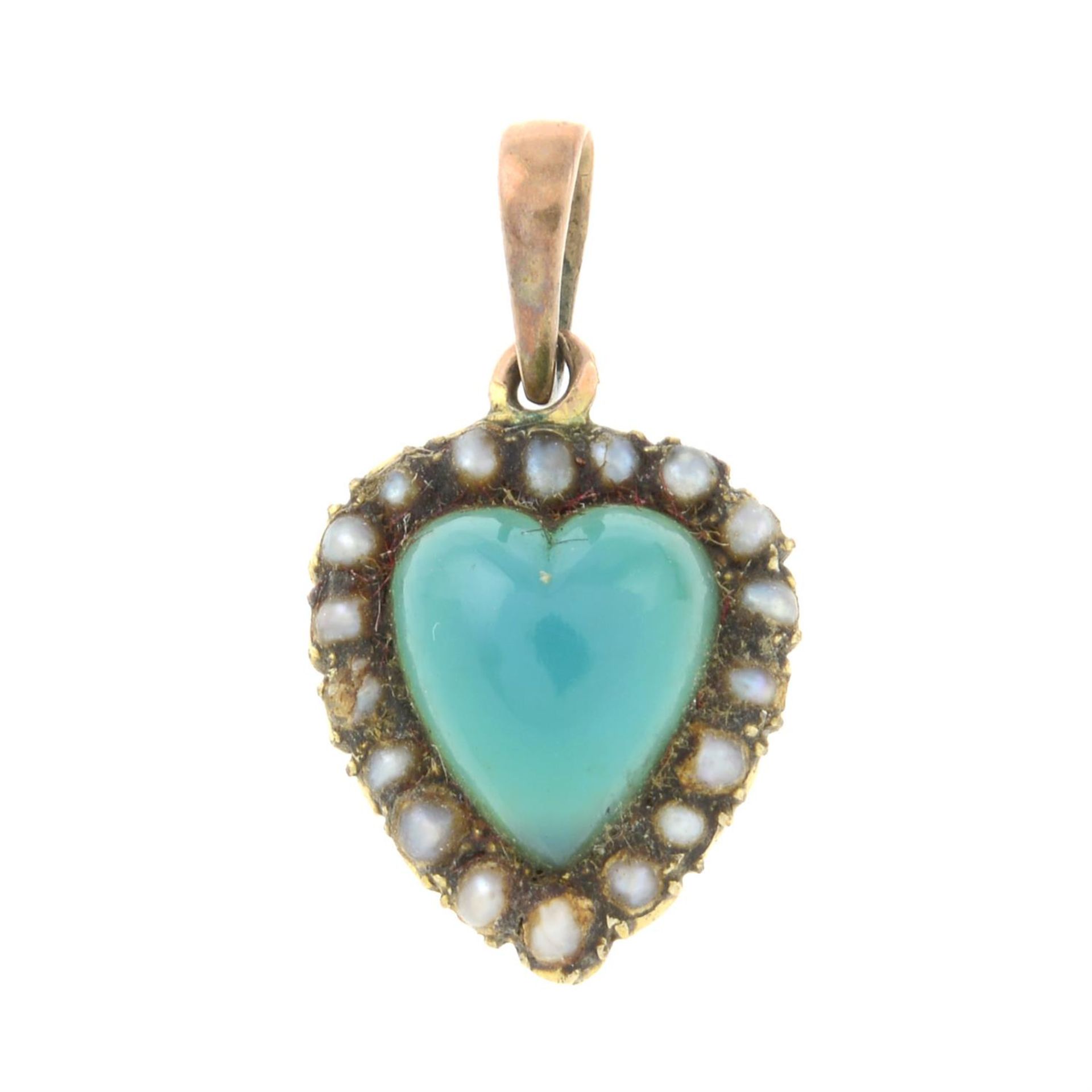 A 19th century, 9ct gold, chalcedony and seed pearl heart pendant.