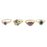 Four 9ct gold diamond and gem-set rings.