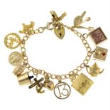 A 9ct gold charm bracelet, suspending thirteen charms.