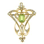 An early 20th century 15ct gold peridot and split pearl brooch.