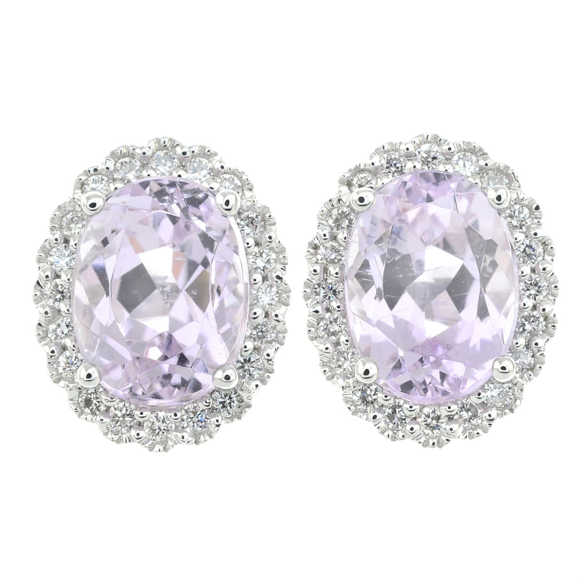 A pair of 18ct gold kunzite and diamond cluster stud earrings.