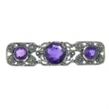 An early 20th century silver amethyst and marcasite brooch.