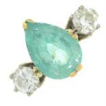 A pear-cut emerald and brilliant-cut diamond ring.