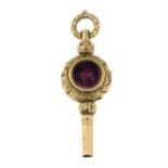 A late Victorian 9ct gold foil-back amethyst and bloodstone watch key fob.