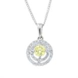 A colour-treated 'yellow' brilliant-cut diamond and diamond cluster pendant, with 18ct gold chain.