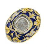 An enamel and rose-cut diamond ring of foliate design.