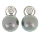 A pair of cultured pearl and brilliant-cut diamond earrings.