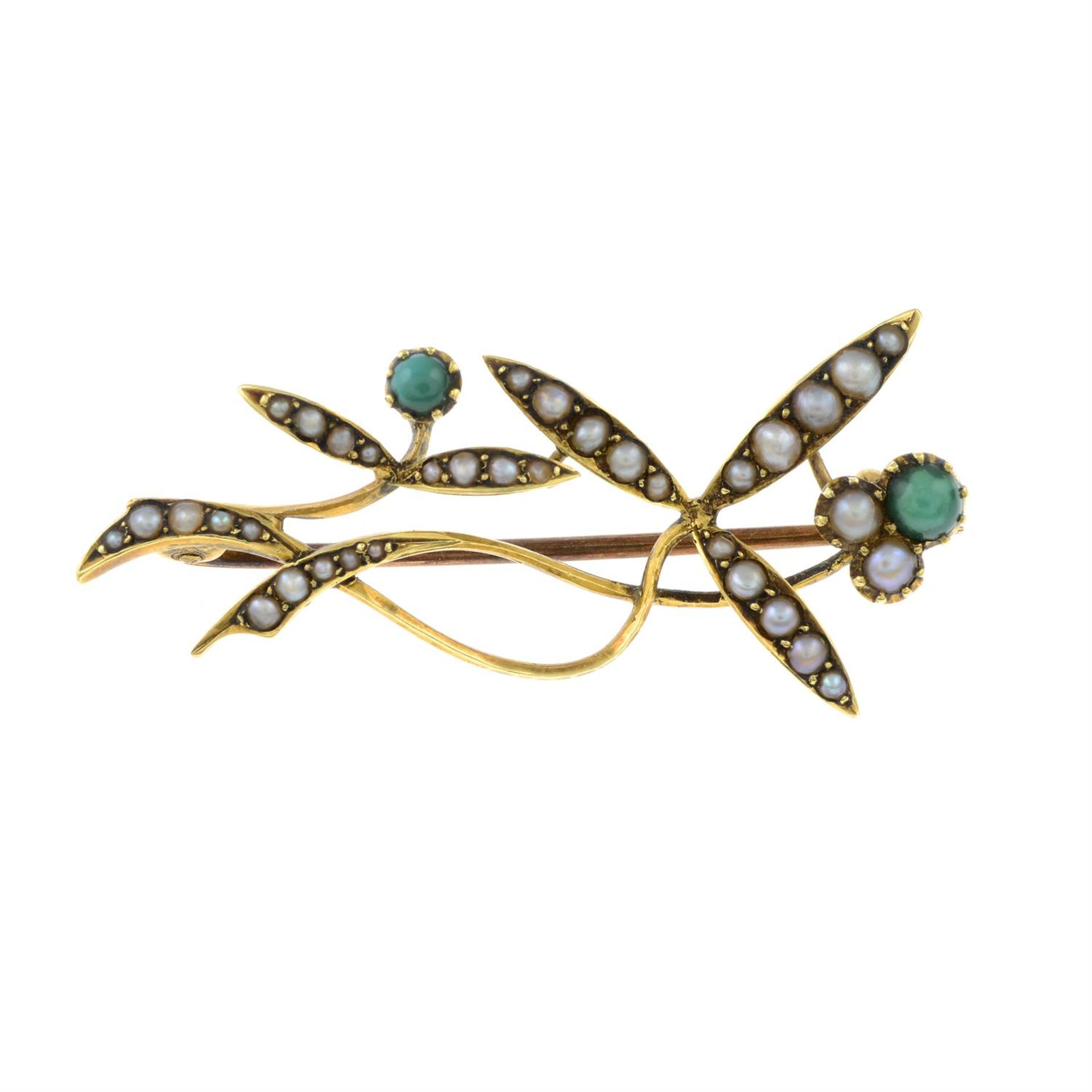 A 19th century, 15ct gold, turquoise and seed pearl floral spray brooch.