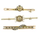 Three early 20th century gold diamond and split pearl brooches.