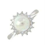 An 18ct gold cultured pearl and brilliant-cut diamond cluster ring.