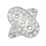 A brilliant-cut diamond oval cluster ring.